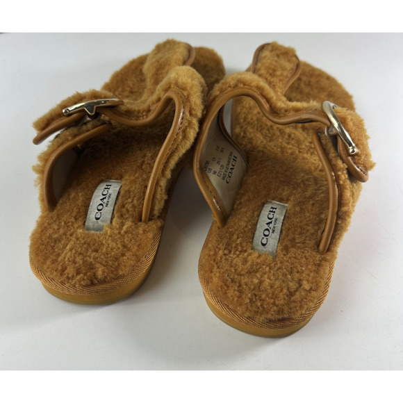 Coach Hollie Flip Flops Plush Shearling Slip On Thong Sandals Butterscotch Sz 9B - Picture 6 of 14